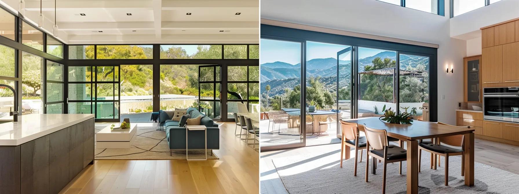 a bright and airy modern interior of a california-style home showcases newly installed energy-efficient dual-pane vinyl windows, highlighting the seamless blend of natural light and stylish design while emphasizing the professionalism of the window supplier through the elegantly arranged space.