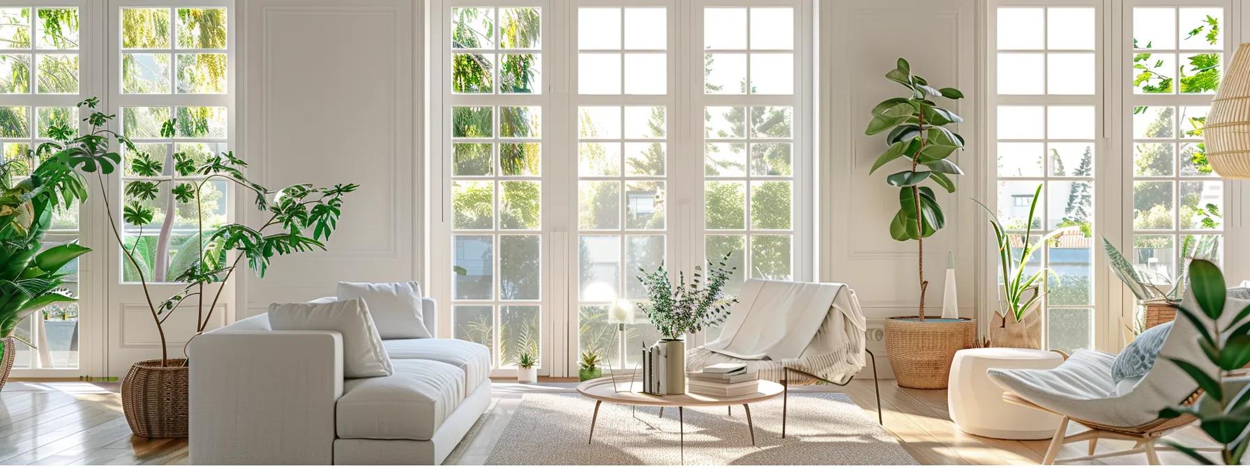 a clean, modern interior of a california-style home showcases expert installers meticulously positioning energy-efficient dual-pane vinyl windows, enhancing the bright, airy atmosphere while ensuring precise measurements and thorough preparations for optimal performance.
