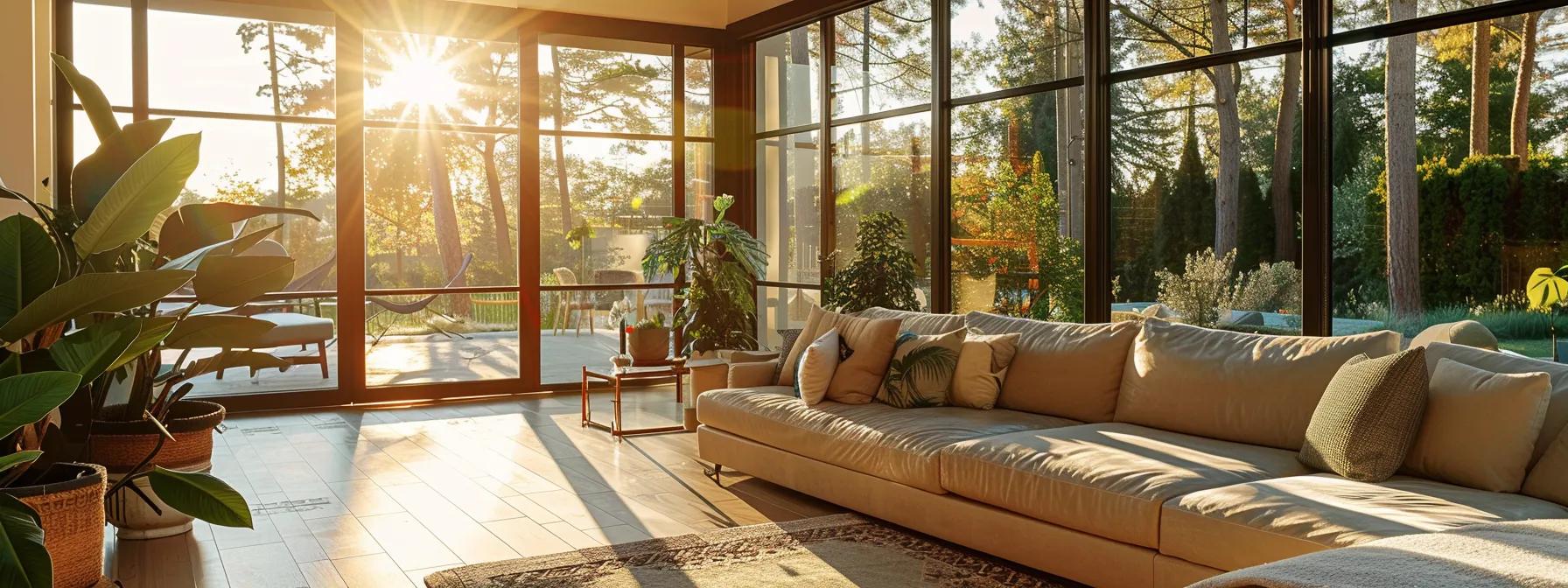 a contemporary california home showcases freshly installed dual-pane vinyl windows, enhancing both its aesthetic appeal and energy efficiency, as sunlight floods the spacious interior with a warm glow, highlighting the expert craftsmanship of the installation.