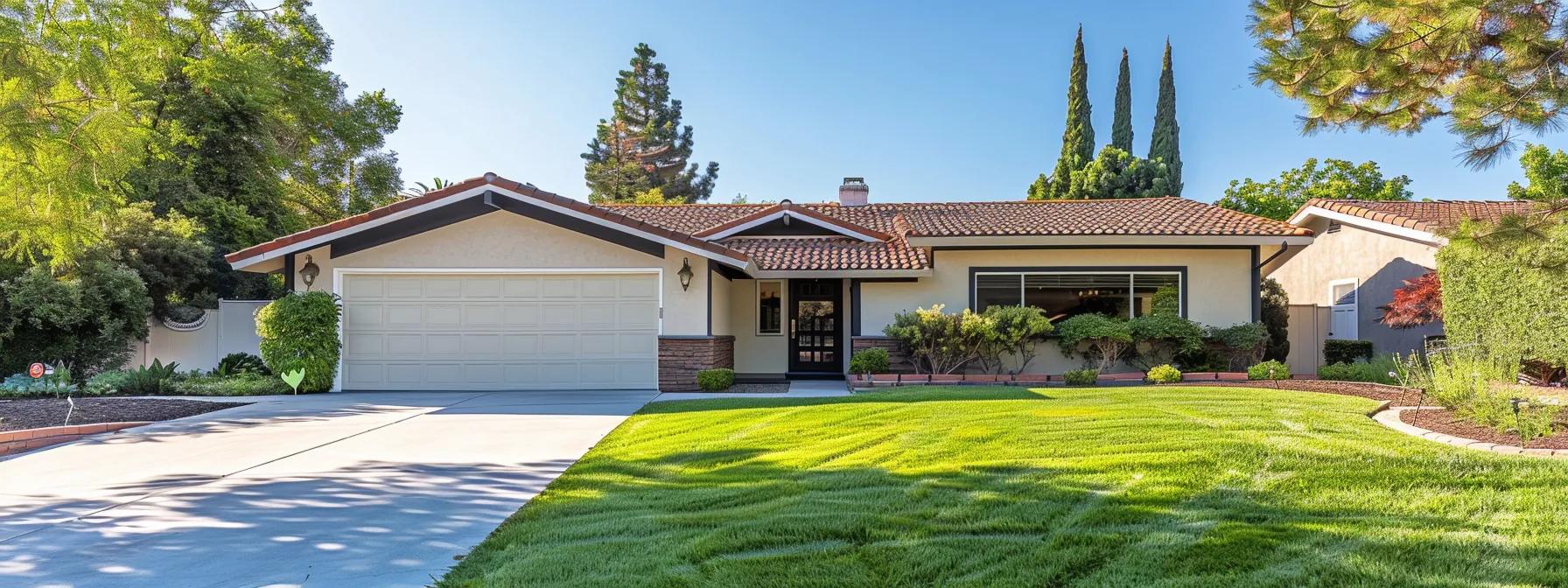 a modern california-style home with a clean stucco exterior showcases large, energy-efficient dual-pane vinyl windows, illuminated by bright interior lighting, highlighting the expert installation and enhancing the home's curb appeal within a sunny suburban neighborhood.
