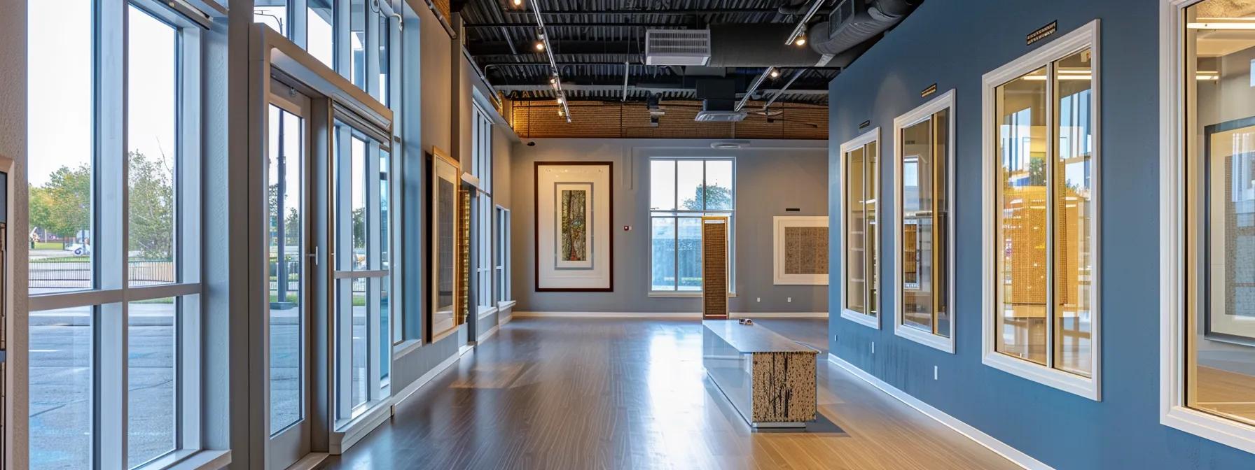 a modern office setting features a sleek display of various replacement window materials, highlighting the distinctive textures and finishes of vinyl, wood, fiberglass, and composite options against a backdrop of minimalist design, effectively showcasing their aesthetic appeal and durability.