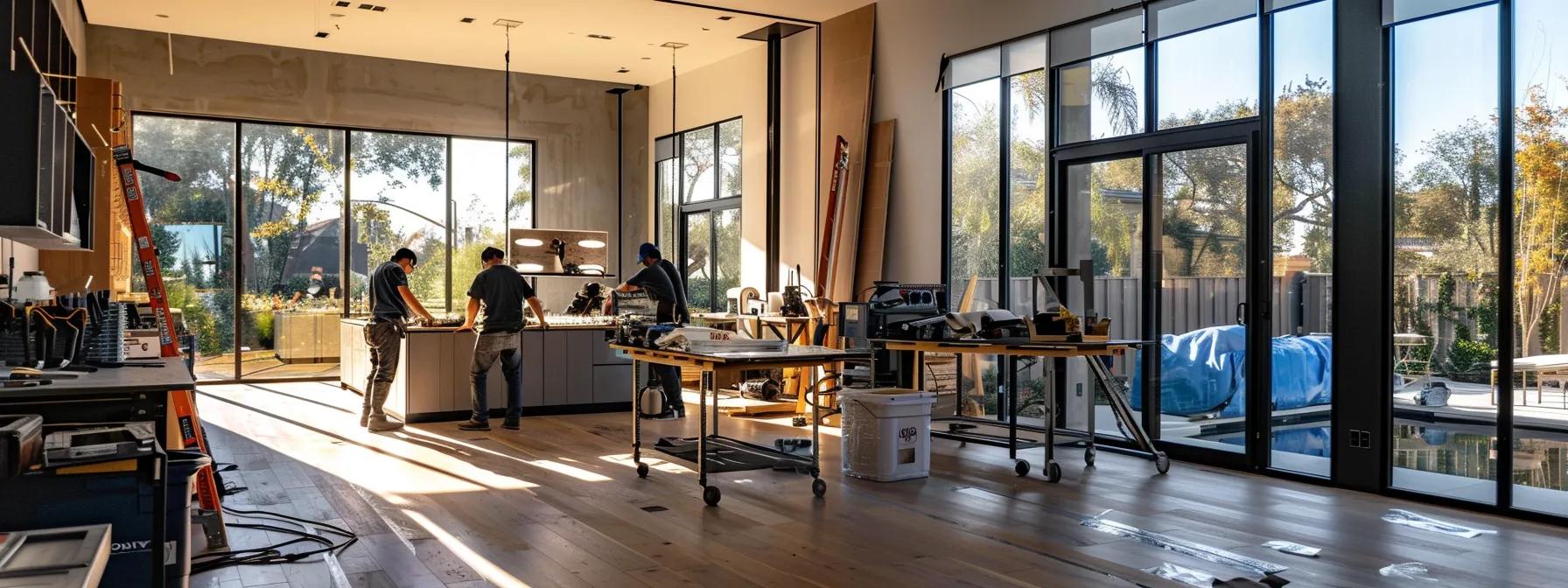 a professional team of certified installers meticulously fitting custom-made replacement windows in a modern simi valley home, showcasing precision and craftsmanship in an efficiently organized indoor setting, with advanced tools and materials prominently displayed around them.