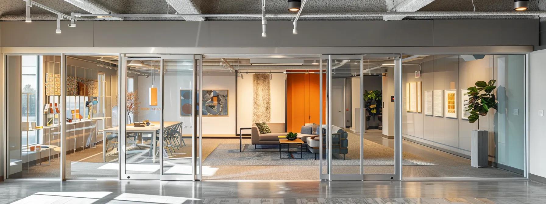 a sleek, modern office showroom displays various high-quality sliding glass doors, with detailed energy efficiency ratings highlighted prominently beside the doors, showcasing their durability and aesthetic appeal in a professional setting.