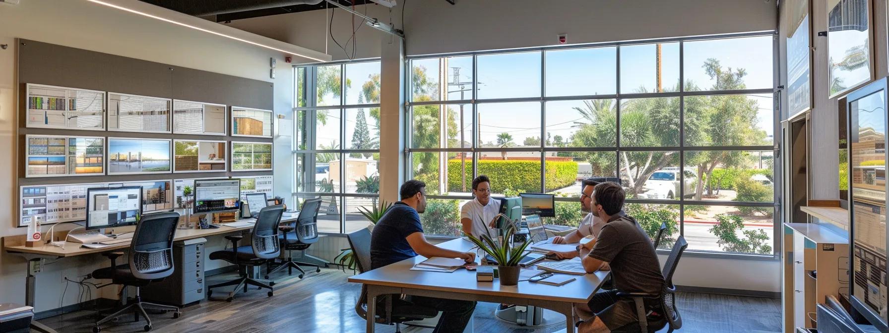 a sleek, modern office space showcases the window factory's team of design consultants collaboratively working with clients at a large conference table, surrounded by samples of high-quality replacement windows and advanced machinery, highlighting their commitment to superior service and local expertise in simi valley.