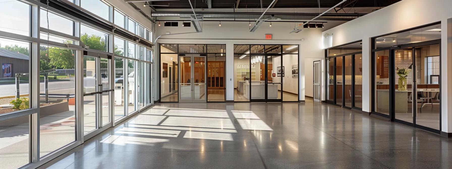 a sleek, modern showroom displaying an array of stylish sliding glass doors made from vinyl, fiberglass, and aluminum, each featuring distinct frame designs and high-efficiency glass options, illuminated by bright, even lighting to highlight their textures and finishes.