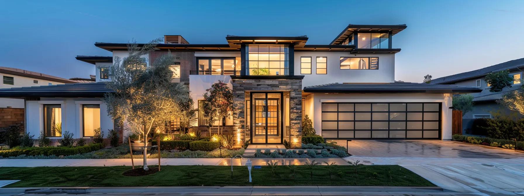a sleek, modern simi valley home showcases a series of energy-efficient replacement windows, illuminated by soft indoor lighting, highlighting their sharp lines and refined aesthetics against a backdrop of contemporary architectural design.