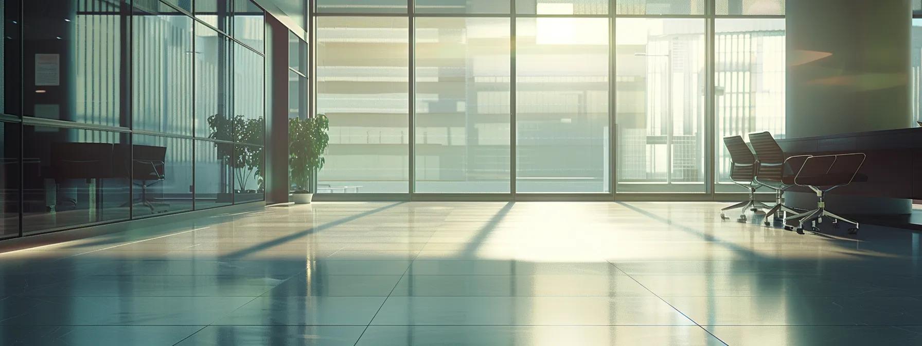 a sleek office meeting space showcases a large, modern window installation, featuring a detailed display of compliance documents and energy efficiency certifications, emphasizing the commitment to regulatory standards and quality assurance in window replacements.