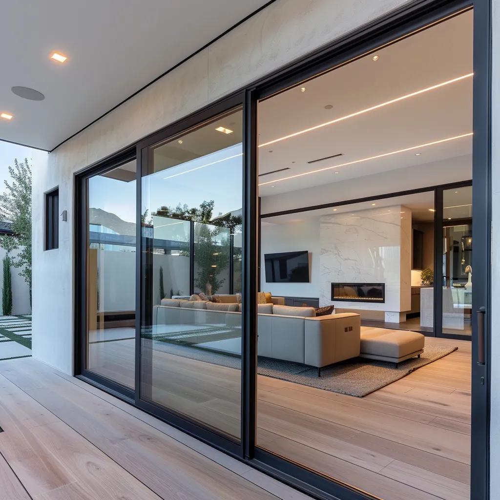 a modern simi valley home showcases a sleek, newly installed sliding glass door that seamlessly blends indoor and outdoor spaces, highlighting contemporary design and enhanced natural light in a sophisticated interior setting.