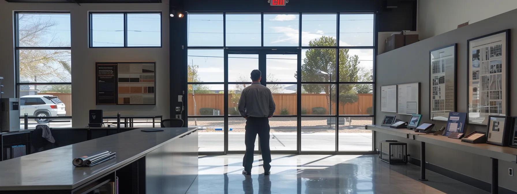 a professional contractor in a sleek modern office setting reviews detailed installation plans for sliding glass doors, surrounded by display samples and customer testimonials, emphasizing the importance of expert installation and tailored service in simi valley.