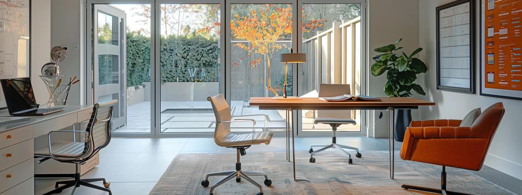 a sleek, modern home office showcases a professional consultation setting with an elegant sliding glass door displayed prominently, detailed cost breakdown charts on a stylish table, and a contractor discussing installation options with a homeowner, emphasizing the importance of informed decision-making in home renovations.