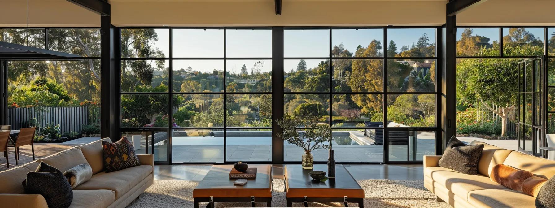 a sleek, modern living room features large dual-pane vinyl windows that flood the clean, spacious interior with sunlight, showcasing both traditional and contemporary california-style architecture in a stylish suburban setting.