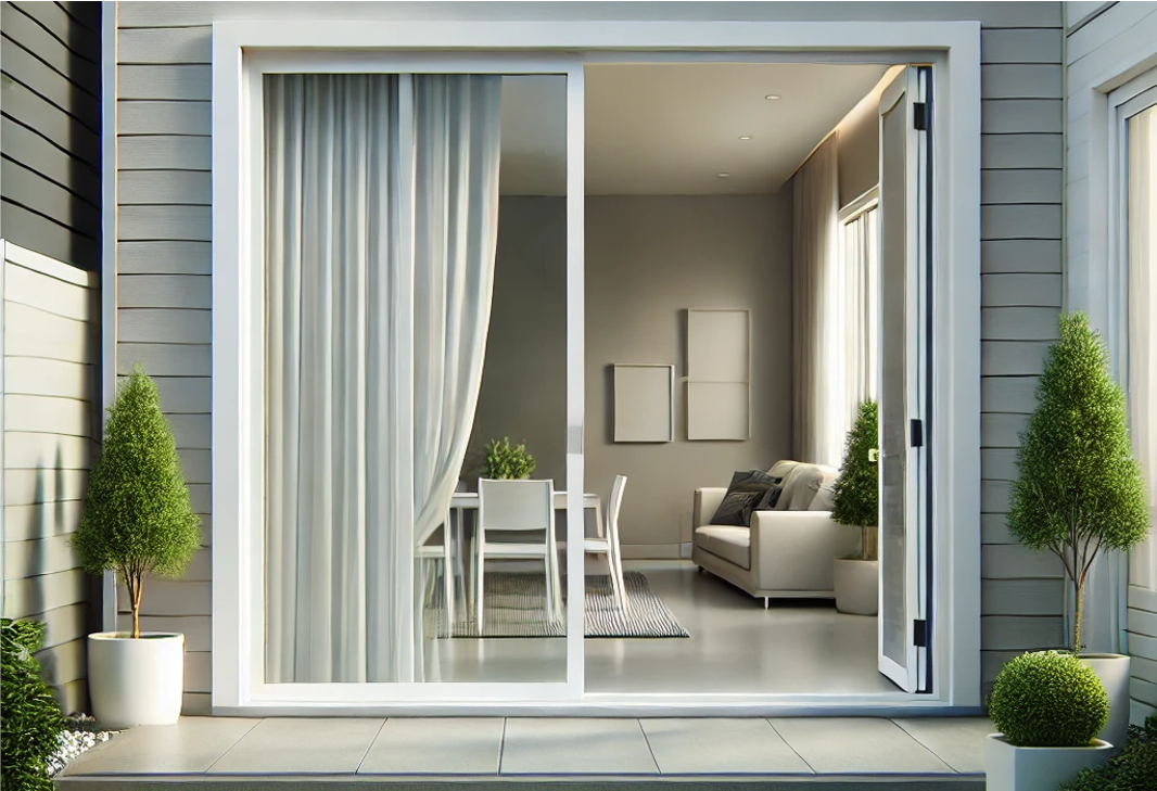 a sliding glass door to a living room